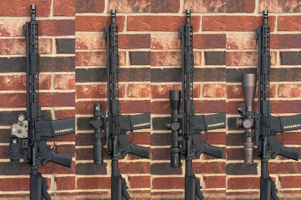 Smith & Wesson Volunteer XV Pro against a brick wall with lots of different optics installed. 