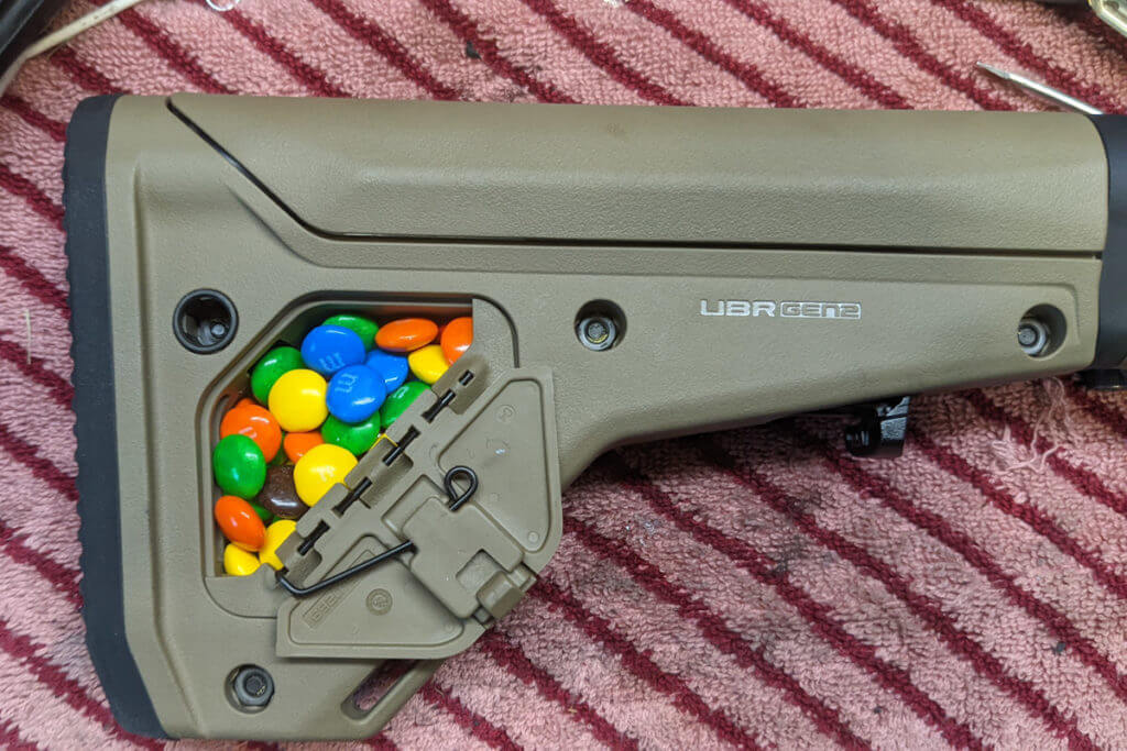 The UBR Gen2 stock will fit 49 M&M's.