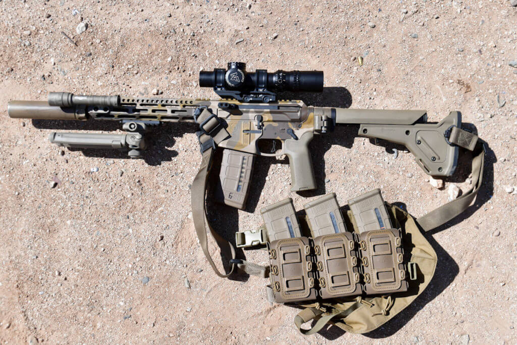 Civilian Defensive Rifle blends into the desert with M-81 Arid Cerakote from Pro 2 Customs.