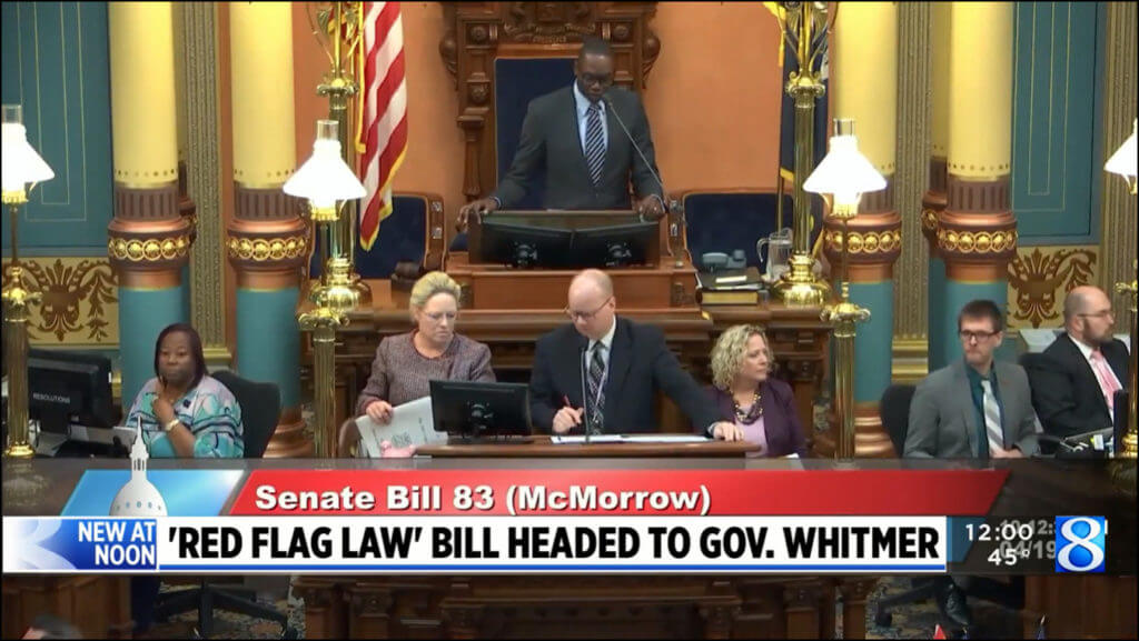 News Report of Michigan State Senate passing red flag law legislation.