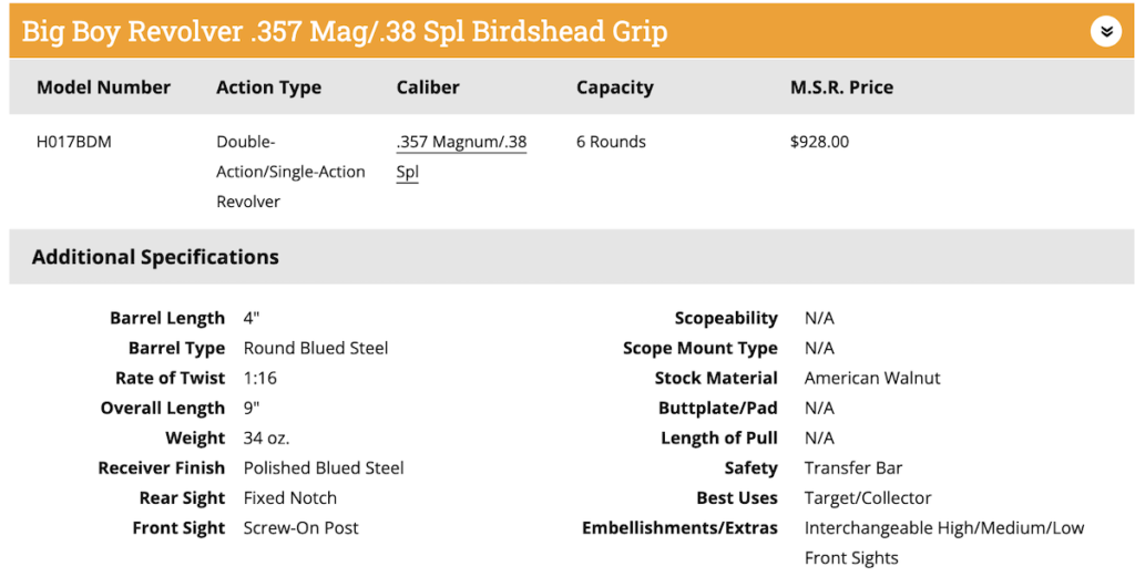 A look at the specs for the Henry Big Boy Revolver Birdshead Grip.