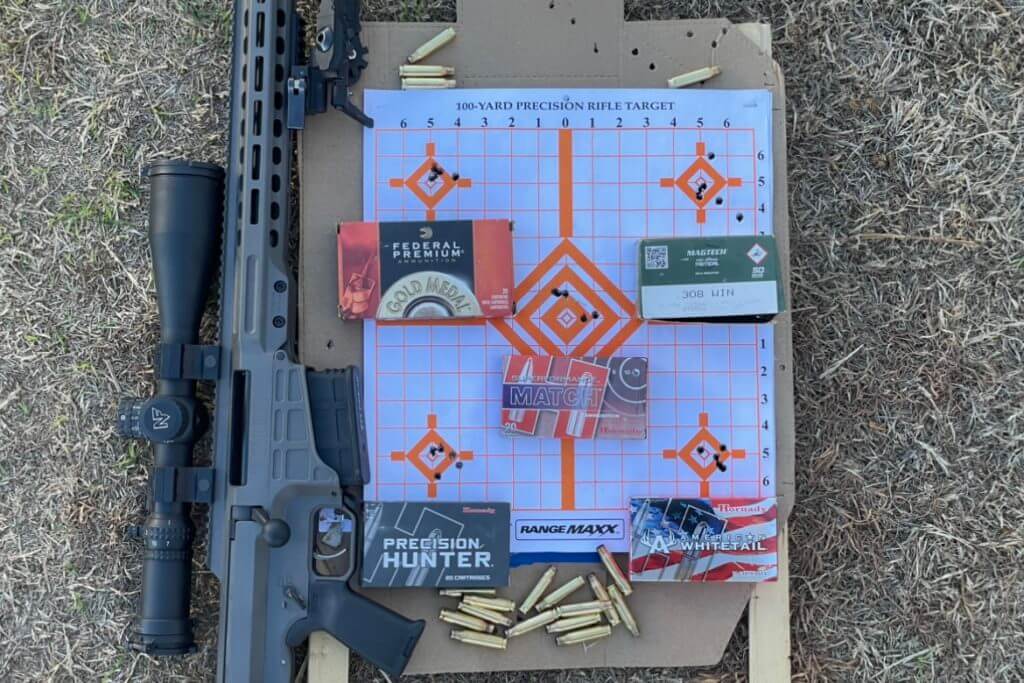 Groups shot from 100 yards with the Barrett MRAD next to the respective box of ammunition. Top left Federal Premium 168gr BTHP, Top right Magtech 147gr FMJ, Middle Hornady Superformance 168gr ELD Match, Bottom left Hornady Precision Hunter 178gr ELD-X, Bottom right Hornady Whitetail 150gr InterLock