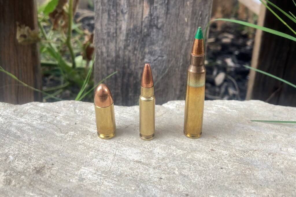 9mm, 5.7x28mm, 5.56 NATO
bullets on rock