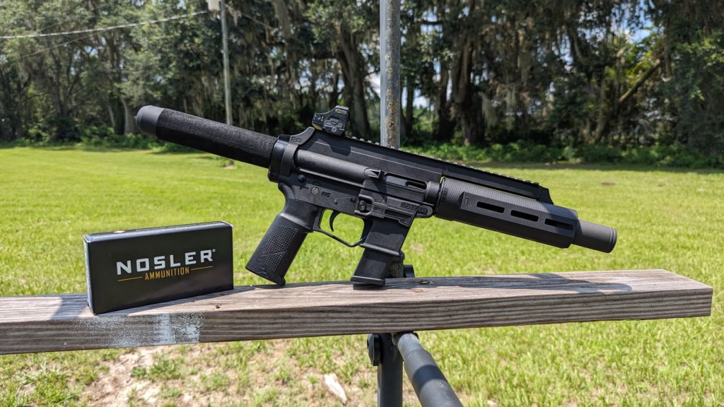 Extar EP45 on wooden bench with Nosler Ammunition