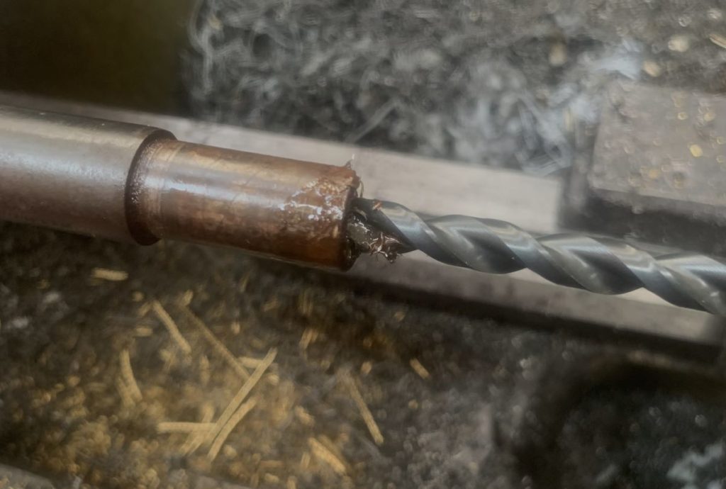 Drilling the barrel with the barrel liner drill. 