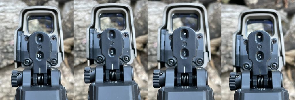 The rear sight is adjustable from 0-500 meters. Simply rotate the dial on the front side of the optic